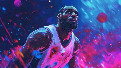 Electric basketball hero surrounded by glowing neon color.