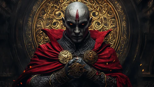 Armored figure stands before ornate golden circular relief