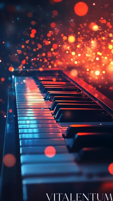 Piano keyboard under glowing red and blue bokeh lights.