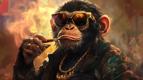 Digital painting of stylish chimp in smoky neon portrait.