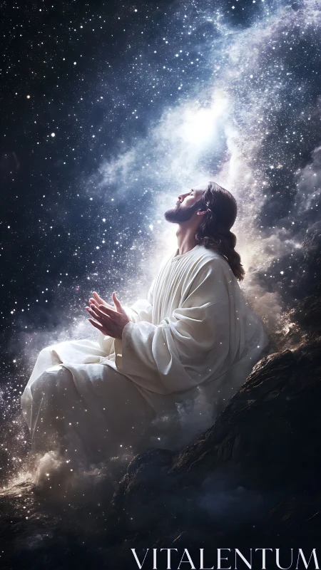 Figure in white robe seated under dense star field at night.