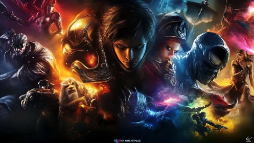 Dynamic fantasy warriors clash in vivid elemental light.