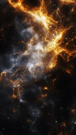 Turbulent stellar nebula filaments in emissive plasma cloud.