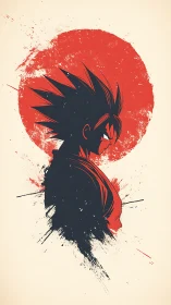 Spiky haired warrior silhouette stands before scarlet sun