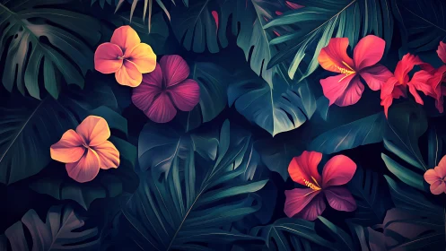 Tropical Hibiscus Garden Under Dark Foliage