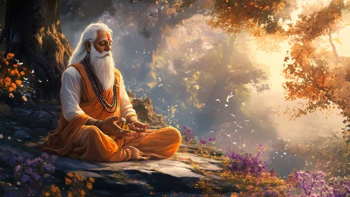 Meditating sage in volumetric forest light with high color contrast