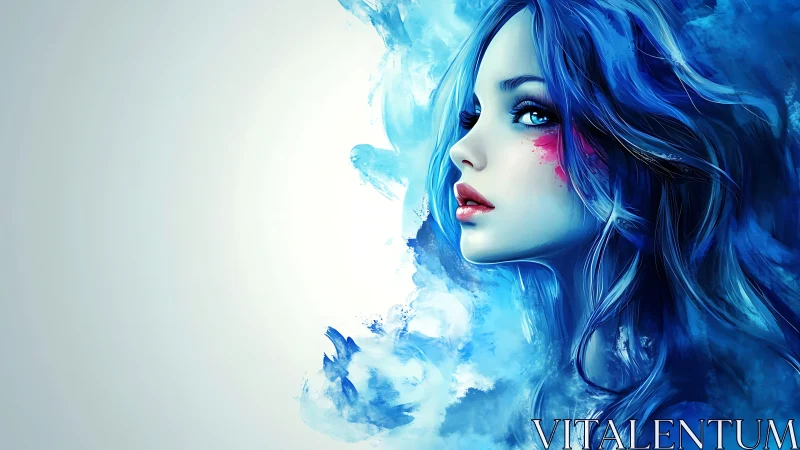 Ice-sky muse in electric blue watercolor reverie portrait.