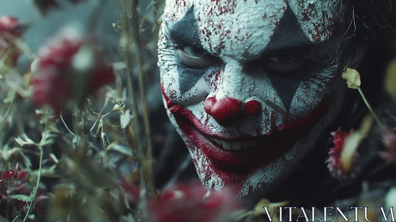 Sinister clown portrait within decayed autumn flowers.