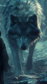Moonlit giant wolf walks calmly beside a lone wanderer