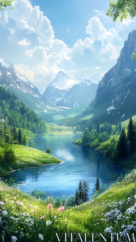 Gentle alpine lake sparkles beneath bright snow peak skies