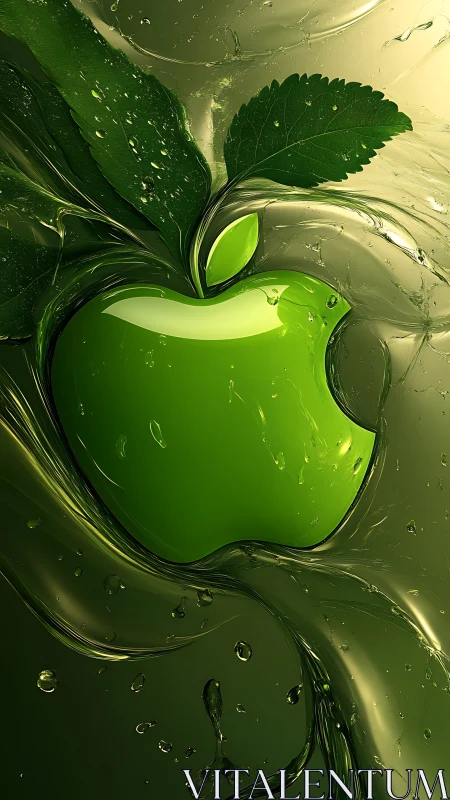 Luminous green apple drifting through liquid leaflight.