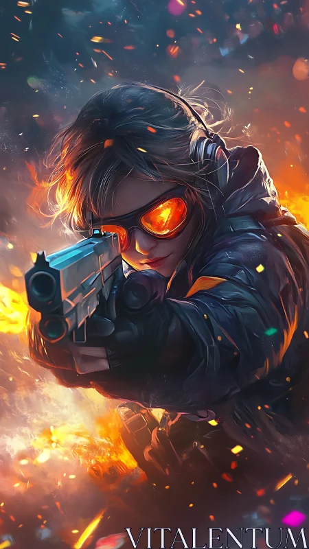 Futuristic gunfighter in flaming battlefield standoff.