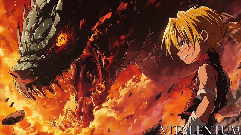 Blond anime warrior confronts massive dragon in fiery sky