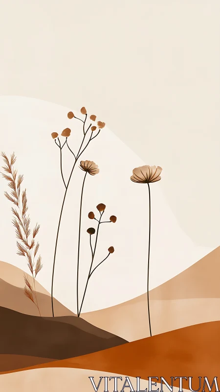 Minimalist wildflowers rise over warm abstract hills at dusk