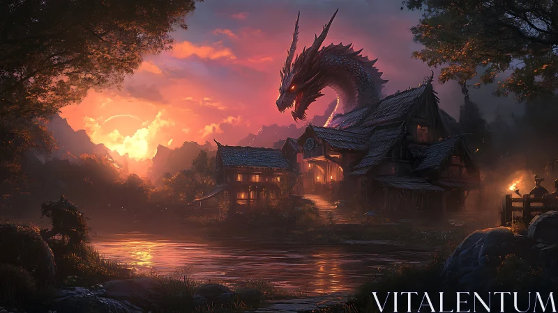 Twilight dragon coils above riverside village of embers.