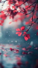 Crimson petals hovering over a hush-blue water dreamscape.