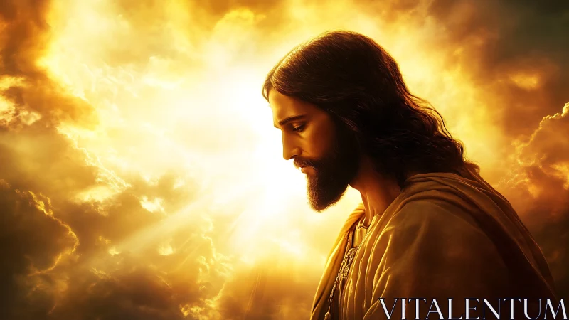 Backlit robed figure in golden volumetric cloud illumination