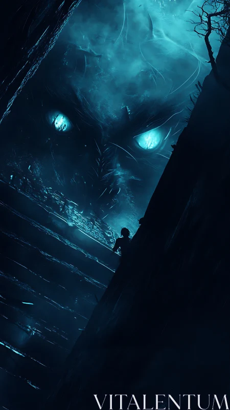 Lone explorer meets a vast glowing-eyed shadow in blue mist.