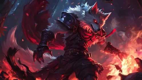 Armored wolf warrior unleashes blazing fury in dark forest