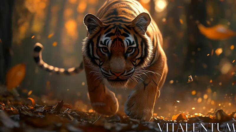 Predatory tiger advances through autumn forest in warm bokeh light