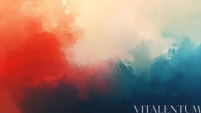 Vibrant abstract painting with red and blue brushstrokes, modern art.