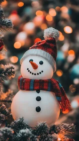 Cozy snowman glowing among soft holiday tree lights.