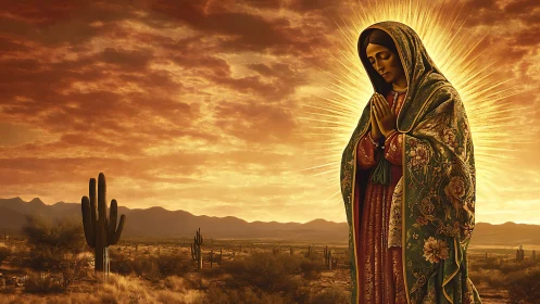 Praying holy figure glows above a golden desert sunset