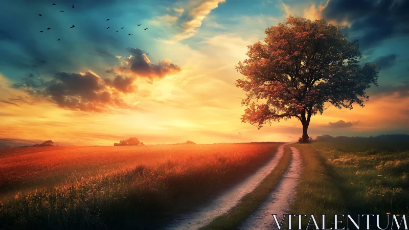 Solitary field tree beside rural path at sunset light.