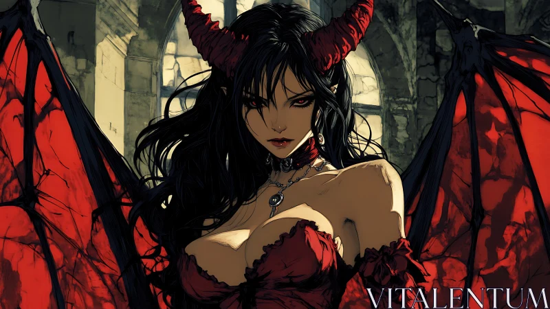 Crimson-winged demon queen smolders in shattered cathedral.