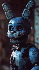 Weathered blue robot bunny stares forward in eerie light