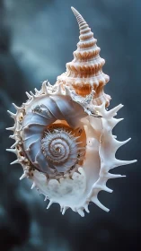 Spiraled sea shell glowing softly in tranquil ocean light.