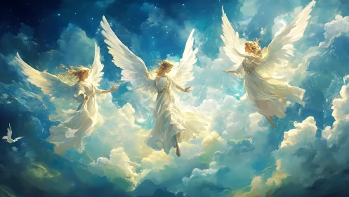 Radiant angelic trio soar through luminous celestial clouds.