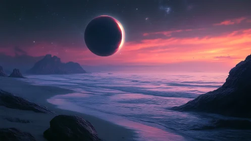 Coastal landscape shows eclipsed celestial body at dusk