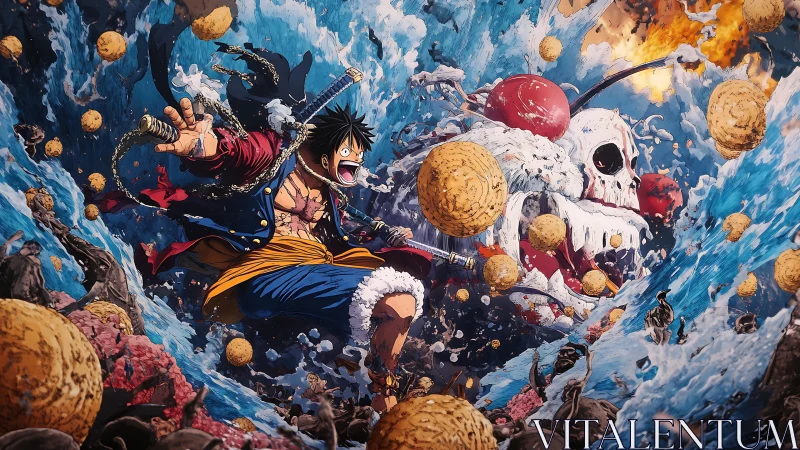 Straw-hatted pirate charges through storm of colossal sweets.