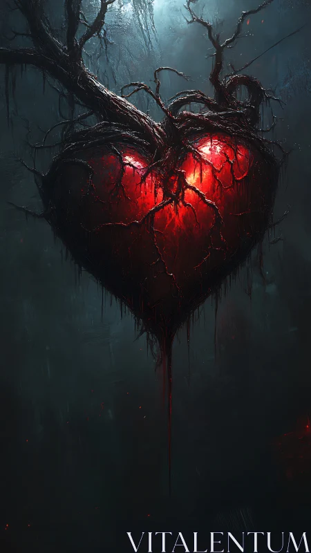 Crimson Heart Ensnared by Skeletal Vines.