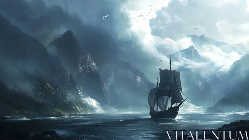 Sailing ship crosses misty fjord beneath steep mountains.