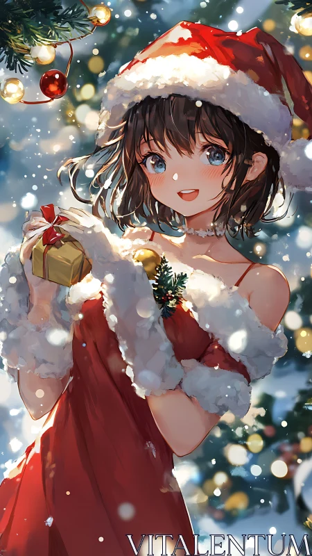 Anime girl in red Santa dress holds gift amid bokeh lights