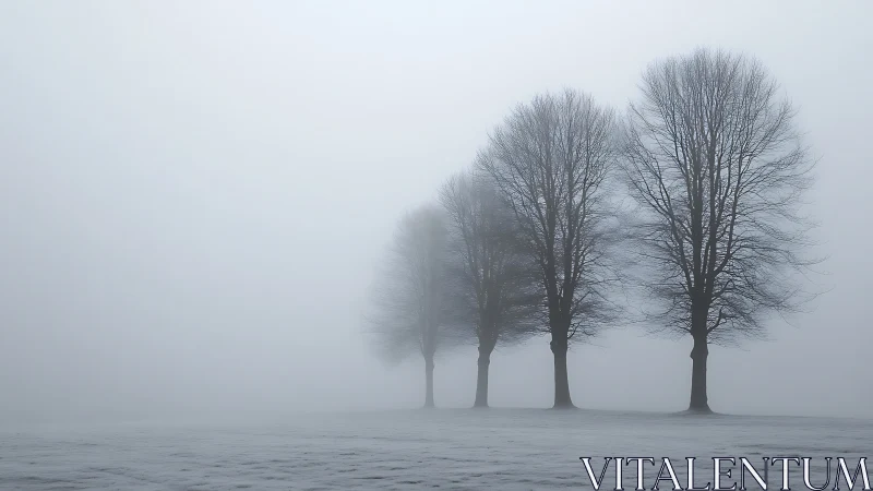 Quiet winter trees stand together in soft morning fog