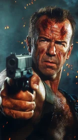 Injured armed man aiming handgun in close frontal view.