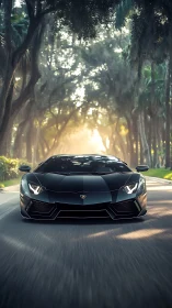 Midnight supercar gliding through a misty forest road.