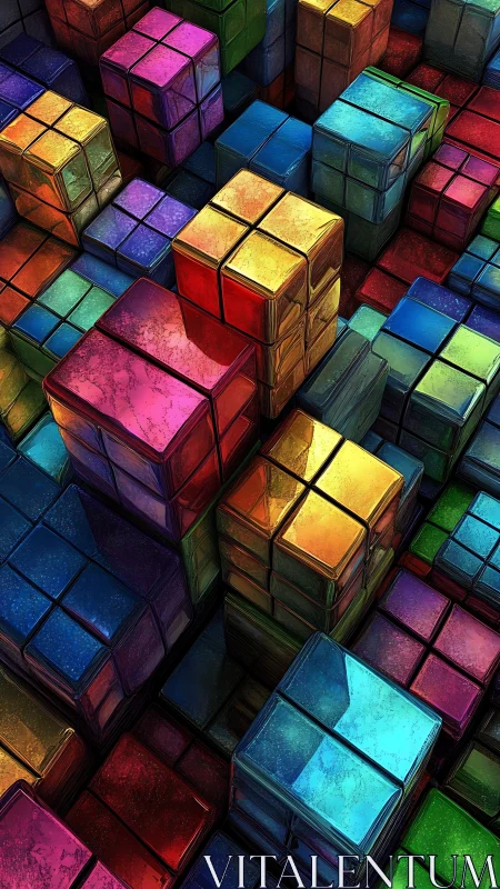 Stacked multicolored cubic blocks in dense geometric cluster.