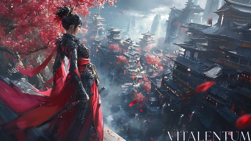 Armored warrior surveys sprawling fantasy samurai cityscape