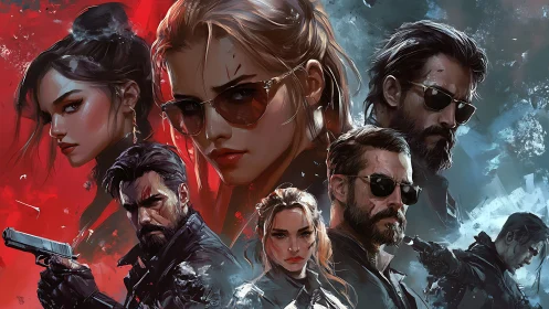 Stylized vigilante ensemble amid split red blue chaos.