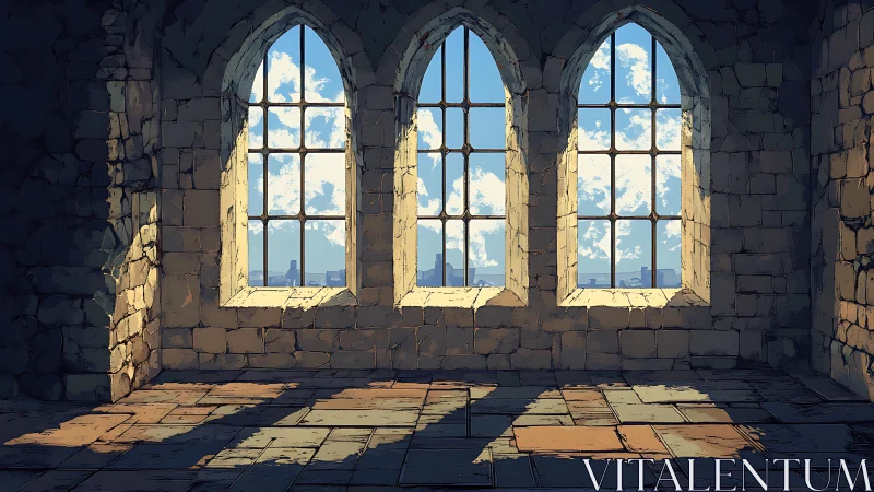 Gothic stone interior with triple lancet windows and shadows.