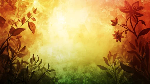 Floral silhouettes frame warm gradient botanical background