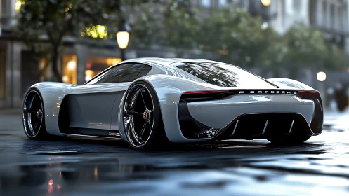 Futuristic Porsche concept car on wet urban street at dusk.