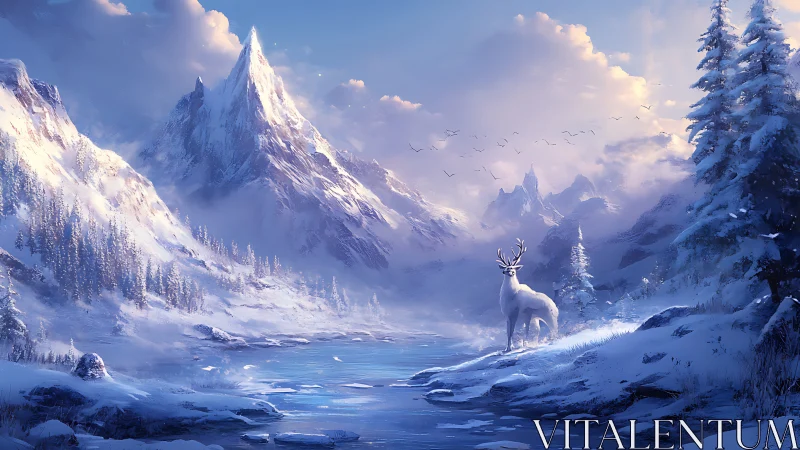 Luminescent stag overlooking glacial valley under alpine sunrise