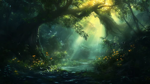 Enchanted Forest Stream Bathed in Golden Sunlight
