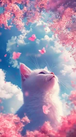Dreaming Feline Chases Butterflies Through Pink Blossom Clouds