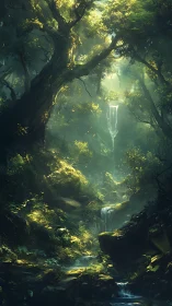 Luminous forest canyon with cascading waterfalls